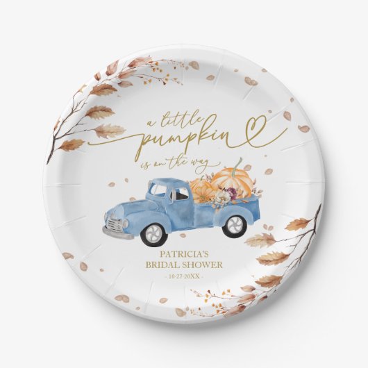 小さなカボチャが赤ちゃんシャワーの途中にある ペーパープレート (正面)