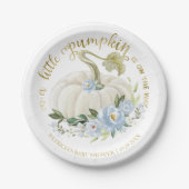 小さなカボチャが赤ちゃんシャワーの途中にある ペーパープレート (正面)