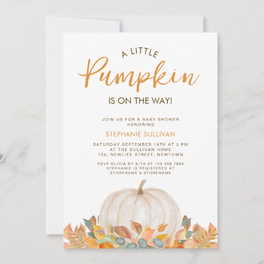 小さなカボチャが赤ちゃんシャワーの途中にある 招待状 (正面)