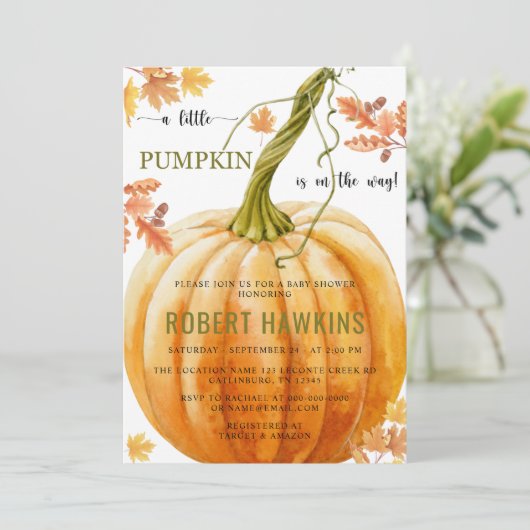 小さなカボチャが赤ちゃんシャワーの途中にある 招待状 (スタンド正面)