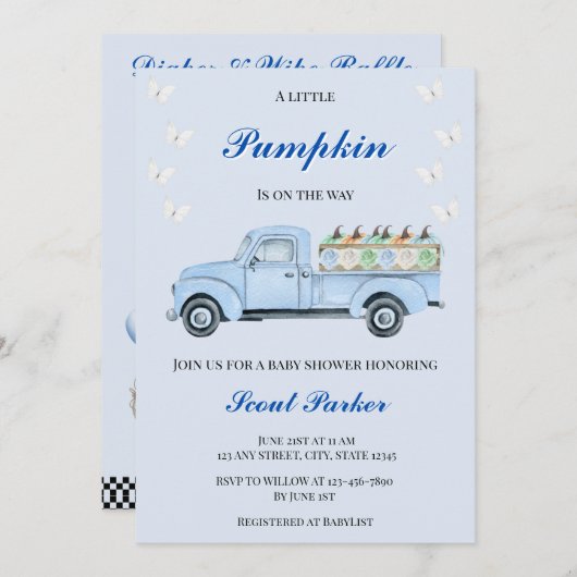 小さなカボチャが赤ちゃんシャワーの途中にある 招待状 (正面/裏面)