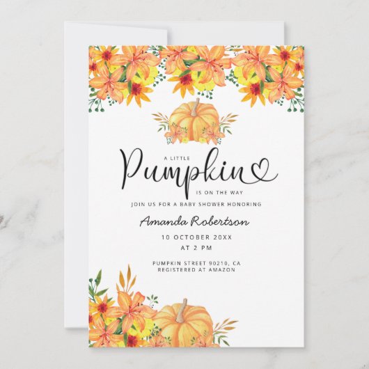小さなカボチャが赤ちゃんシャワーの途中にある 招待状 (正面)