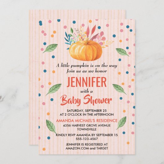 小さなカボチャが赤ちゃんシャワーの途中にある 招待状 (正面/裏面)
