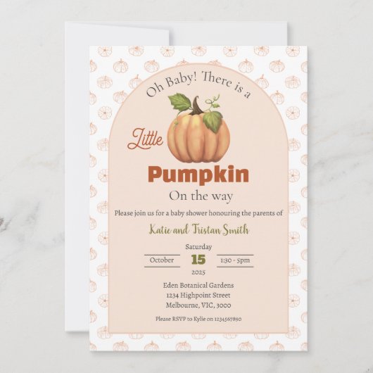 小さなカボチャが赤ちゃんシャワーの途中にある 招待状 (正面)