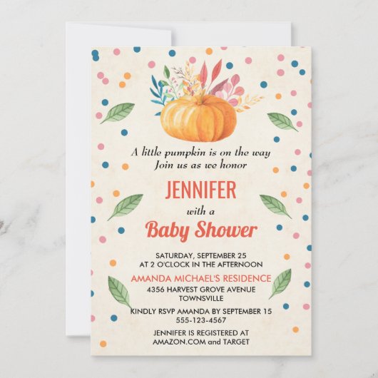 小さなカボチャが赤ちゃんシャワーの途中にある 招待状 (正面)