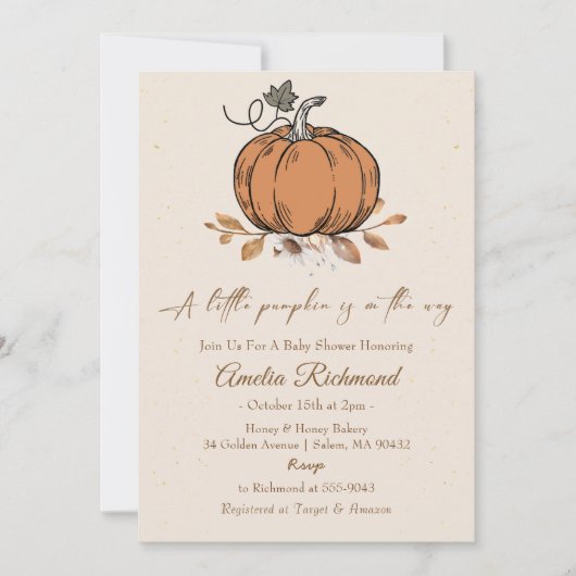 小さなカボチャが赤ちゃんシャワーパーティーの途中にある 招待状 (正面)