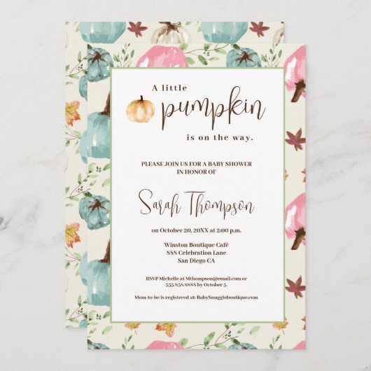 小さなカボチャが赤ちゃんシャワー秋に行く 招待状 (正面/裏面)