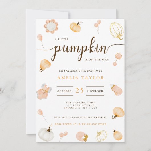 小さなカボチャが途中で女の子の赤ちゃんシャワー 招待状 (正面)