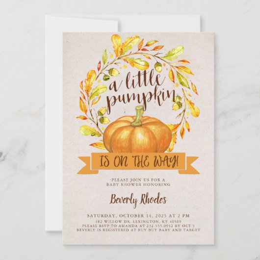 小さなカボチャが途中で秋のベビーシャワー 招待状 (正面)