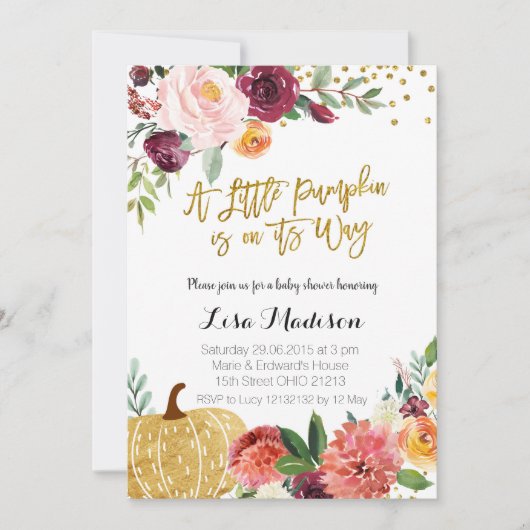 小さなカボチャが途中で秋ベビーシャワー 招待状 (正面)