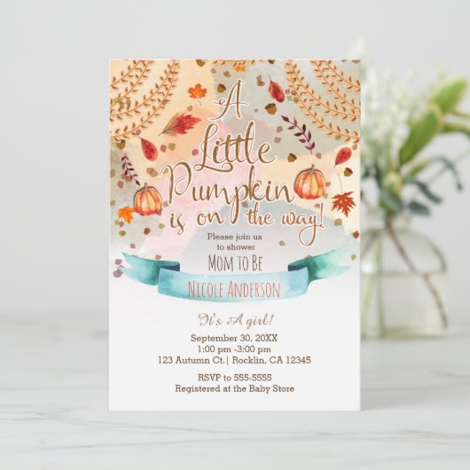 小さなカボチャが途中で赤ちゃんシャワー秋 招待状 (スタンド正面)