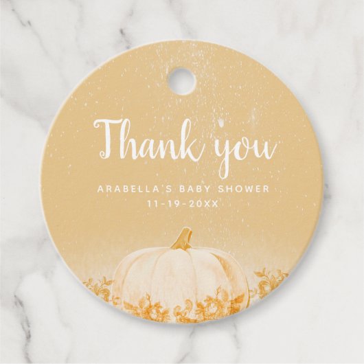 小さなカボチャが途中にある秋の赤ちゃんシャワー フェイバータグ (正面)