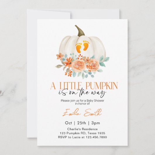 小さなカボチャが途中にある秋の赤ちゃんシャワー 招待状 (正面)