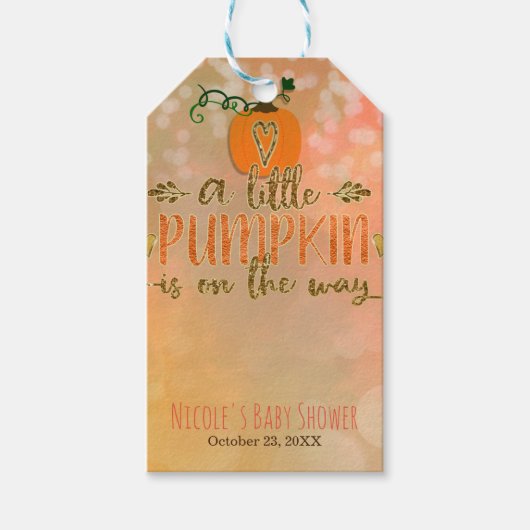 小さなカボチャが途中にある秋ベビーシャワー ギフトタグ (正面)