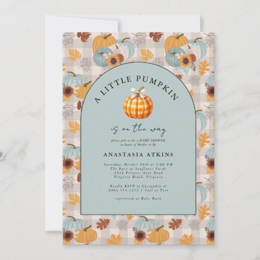 小さなカボチャが途中にある秋ベビーシャワー 招待状 (正面)