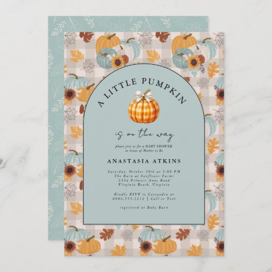小さなカボチャが途中にある秋ベビーシャワー 招待状 (正面/裏面)