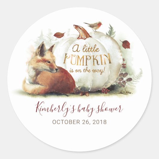 小さなカボチャが途中にある秋赤ちゃんシャワー ラウンドシール (正面)
