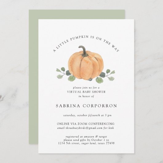 小さなカボチャが途中の仮想の水色 招待状 (正面/裏面)