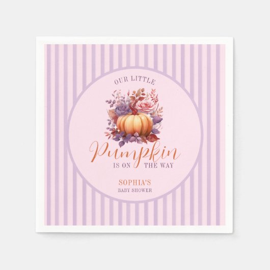 小さなカボチャが途中の薄紫の赤ちゃんシャワー スタンダードカクテルナプキン (正面)