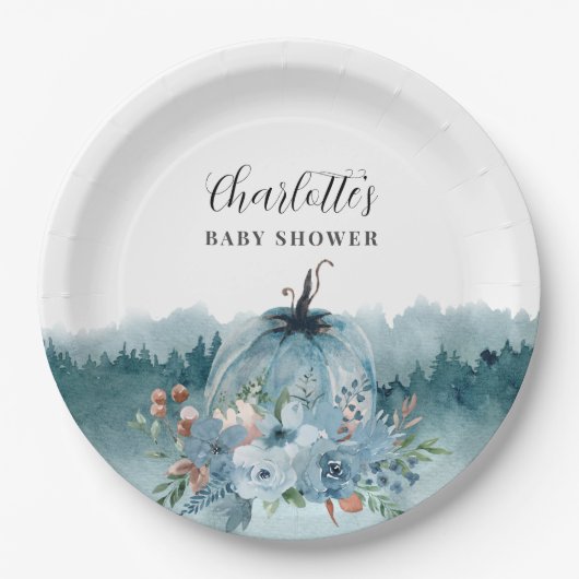 小さなカボチャが途中の青い赤ちゃんシャワーNa ペーパープレート (正面)