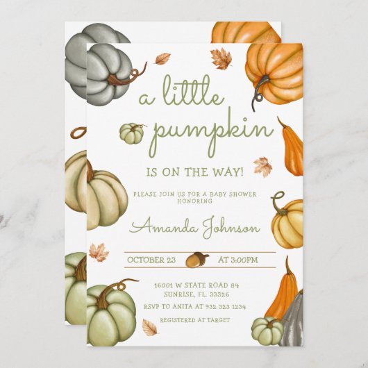 小さなカボチャがSage Baby Showerの途中にある 招待状 (正面/裏面)