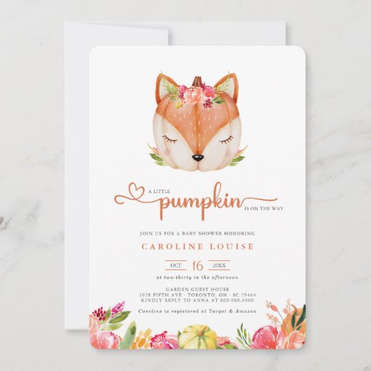 小さなカボチャのキツネが赤ちゃんシャワーの途中にある 招待状 (正面)