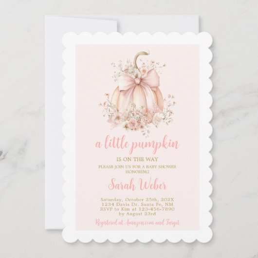 小さなカボチャのギンガム秋ベビーシャワー女の子inv 招待状 (正面)
