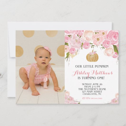 小さなカボチャのグリッター金ゴールド誕生パーティー 招待状 (正面)