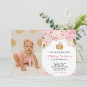 小さなカボチャのグリッター金ゴールド誕生パーティー 招待状 (スタンド正面)