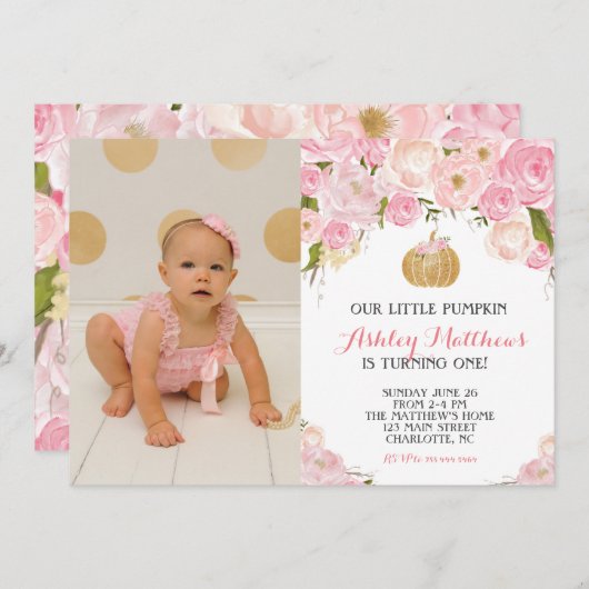 小さなカボチャのグリッター金ゴールド誕生パーティー 招待状 (正面/裏面)