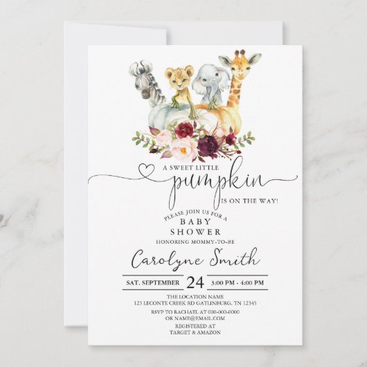 小さなカボチャのサファリ動物の赤ちゃんシャワー 招待状 (正面)
