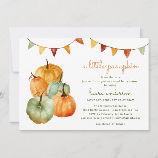 小さなカボチャのジェンダーが赤ちゃんのシャワーを明らかにする 招待状 (正面)