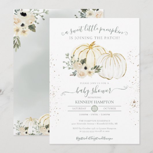 小さなカボチャのジェンダーニュートラルな秋のベイビーシャワー 招待状 (正面/裏面)