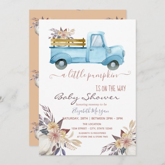 小さなカボチャのトラックと花のドット 赤ちゃん歓迎パーティー 招待状 (正面/裏面)