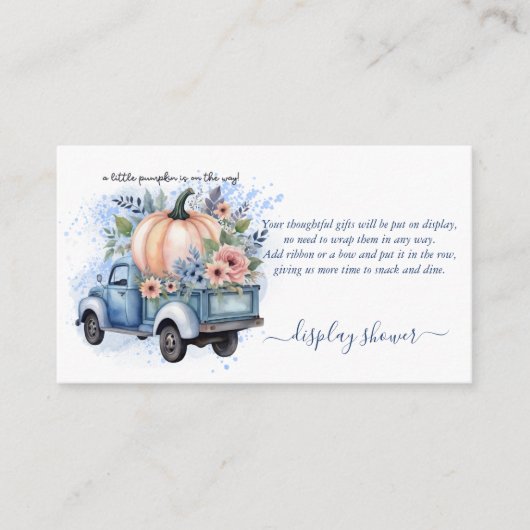 小さなカボチャのトラック青い水の色の赤ちゃんシャワー エンクロージャーカード (正面)