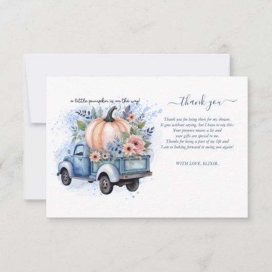 小さなカボチャのトラック青い水の色の赤ちゃんシャワー サンキューカード (正面)