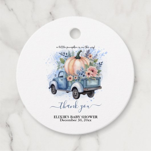 小さなカボチャのトラック青い水の色の赤ちゃんシャワー フェイバータグ (正面)