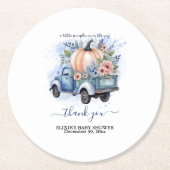 小さなカボチャのトラック青い水の色の赤ちゃんシャワー ラウンドペーパーコースター (正面)