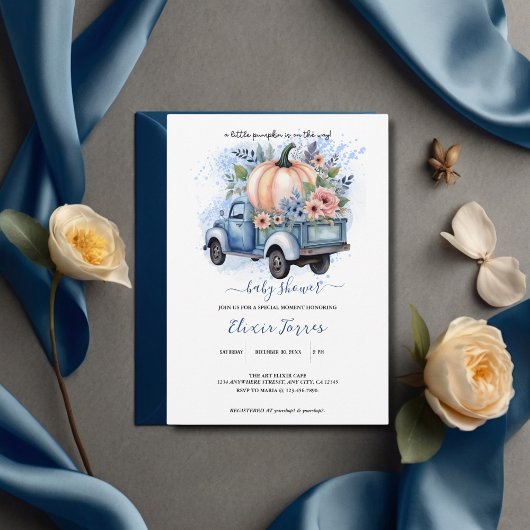 小さなカボチャのトラック ブルー 水彩 ベビーシャワー 招待状
