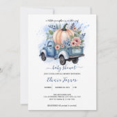 小さなカボチャのトラック ブルー 水彩 ベビーシャワー 招待状 (正面)