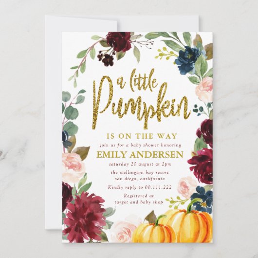 小さなカボチャのバーガンディ海軍のベビーシャワー 招待状 (正面)