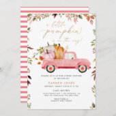 小さなカボチャのピンクのトラックの秋赤ちゃんシャワー 招待状 (正面/裏面)