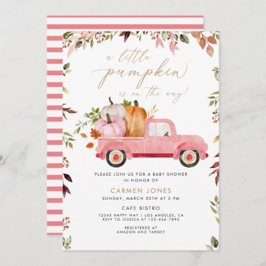 小さなカボチャのピンクのトラックの秋赤ちゃんシャワー 招待状 (正面/裏面)