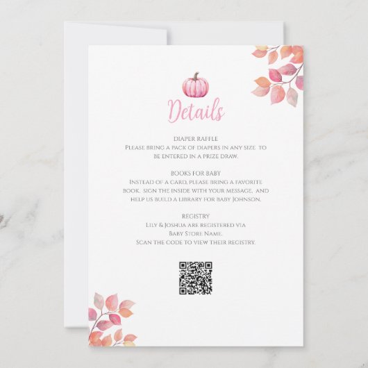 小さなカボチャのピンクの女の子の赤ちゃんシャワーすべて1つの 招待状 (裏面)