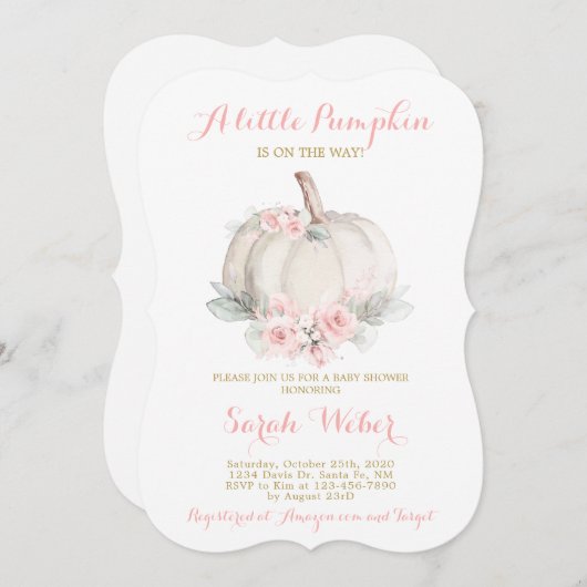 小さなカボチャのピンクの秋のベビーシャワー娘 招待状 (正面/裏面)