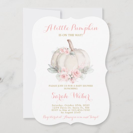 小さなカボチャのピンクの秋のベビーシャワー娘 招待状 (正面)