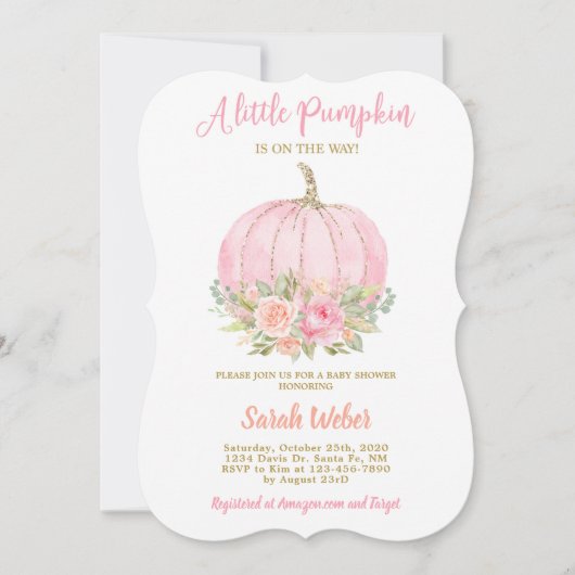 小さなカボチャのピンクの秋のベビーシャワー娘 招待状 (正面)
