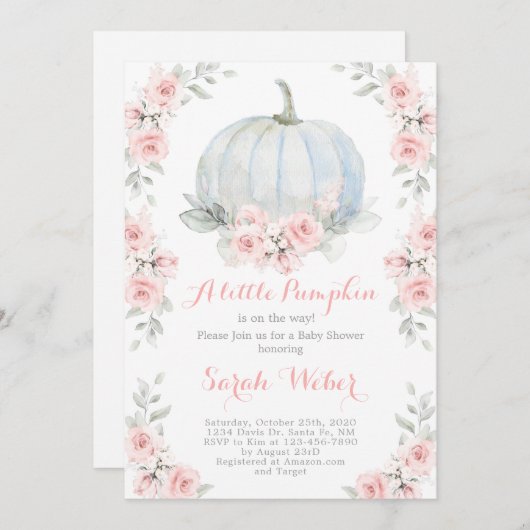 小さなカボチャのピンクの秋の赤ちゃんシャワー女の子 招待状 (正面/裏面)