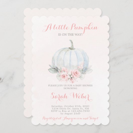 小さなカボチャのピンクの秋の赤ちゃんシャワー女の子 招待状 (正面/裏面)