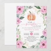 小さなカボチャのピンクの花の葉の秋のベイビーシャワー 招待状 (正面/裏面)